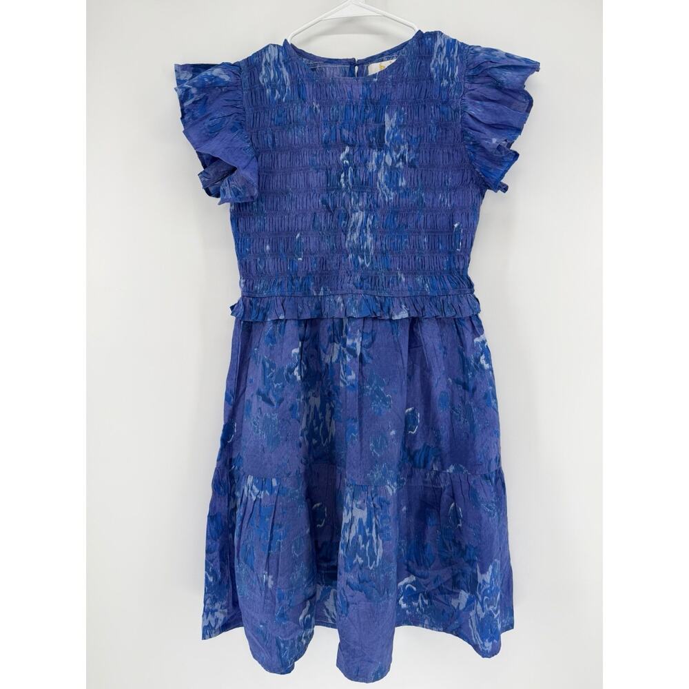 BINDU 100% Cotton Smocked Rose Flutter Sleeve Mini Dress Violet Womens Small